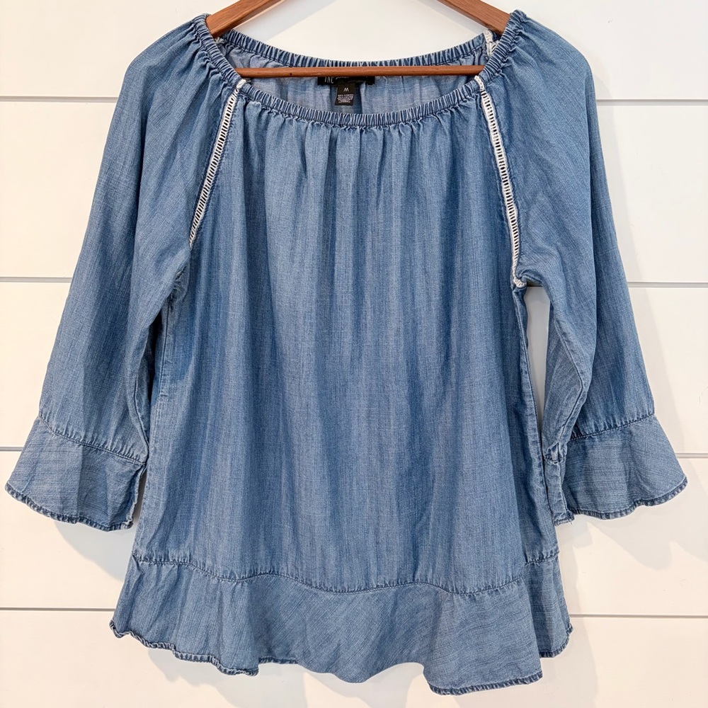 INC Chambray Peasant Top M Boho Cottagecore Off Shoulder Ruffle Blue Soft Girl